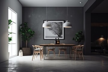 Interior of the dining room is dark with a concrete floor, an empty white poster, four seats, a table, a sofa, an arch, and tableware. simple design idea for relaxing. a mockup