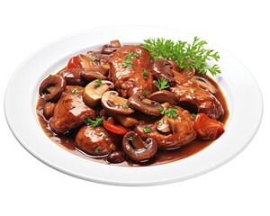 Delicious Coq au Vin chicken thighs cooked in red wine or wine on isolated white, perfect for your design projects. generative AI