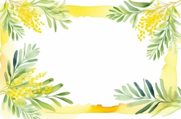 Fototapeta na wymiar Watercolor spring mimosa on white background Top view