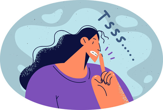 recommend clip art: Woman keep finger at lips asking be quiet or silent. Secretive female making hand gesture beg to hush. Nonverbal communication and body language.