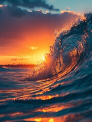 Close up of ocean breaking wave at sunset or sunrise