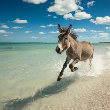 A majestic burro gallops freely along the sandy shoreline, its hooves kicking up grains of golden sand as it basks in the warm rays of the sun and the gentle breeze of the ocean