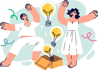 Victory dance of people who invented new brilliant ideas around box with flying light bulbs. Dance of happy guy and girl inspired by promising ideas and successfully completing teamwork.