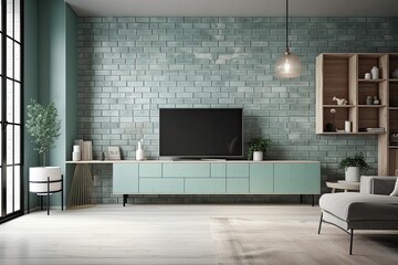 modern living room with a mint brick wall and a white wooden floor, with cabinet design - obrazy, fototapety, plakaty