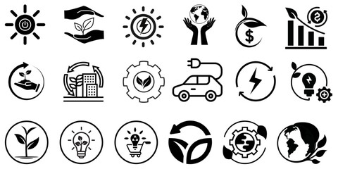Sustainable icons, Ecological icons collection. Green energy and sustainable development concept icon set