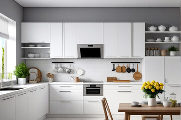 Stylish interior of home white kitchen room with design furniture - served table, shelves and elegant personal accessories. Modern neutral domestic decor. Designer style concept. Copy ad text space