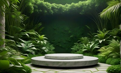  stone podium with natural green space for presentation advertising of beverage products, cosmetics, etc.