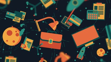 Cartoon pattern on the theme of learning and space on a dark background