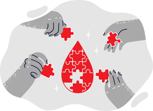 Puzzle in shape of drop of blood with people hands calling attention to international donor day. Concept of fighting blood diseases and leukemia or hemophilia to increase life expectancy of patients