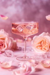 A Valentine ros&eacute; champagne cocktail isolated with roses and water splashes on a pastel background.