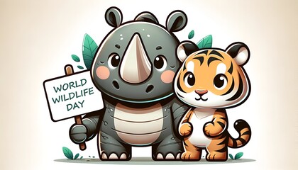 World wildlife day  illustration of a baby rhino and a tiger 