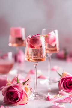 A Valentine rosé champagne cocktail isolated with roses and water splashes on a pastel background.