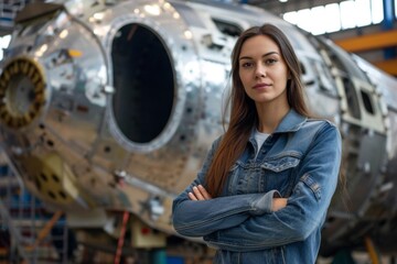 A female model working as an aerospace engineer in a high-tech spacecraft facility