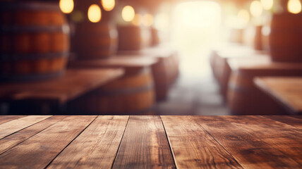 Empty wooden table with a defocused background of a cozy tavern's winery barn ambient interior  copy space mockup product placement. 