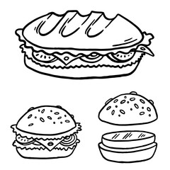 Hand drawn sandwich illustration. Vector graphic of a delicious sub with fresh ingredients. Perfect for menus and food-related designs.
