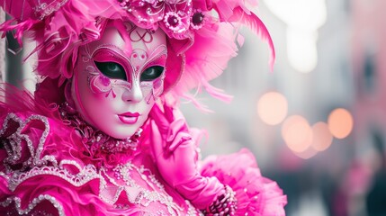 woman in pink dress costume and carnival mask