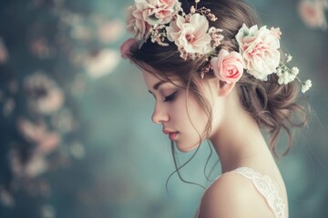 Naklejka premium Dreamy portrait of a woman with flowers in her hair