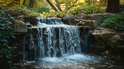 An urban waterfall in a city park blending natural beauty with urban design.