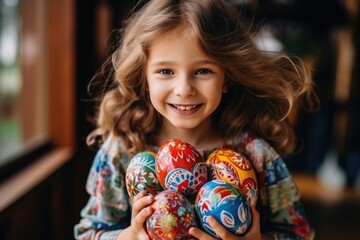 child having fun with easter eggs. ai generated