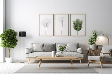 large, white living space. Grey sofa and wooden table set, mock up and copy space wall, home design