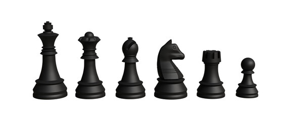 Set of 3D black chess pieces. Chess piece icons. Board game. All chess pieces. King, Queen, rooks, knights, bishops, pawns. 3d illustration