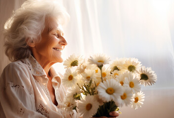Naklejka premium Sweet grandmother at the window with a bouquet of daisies