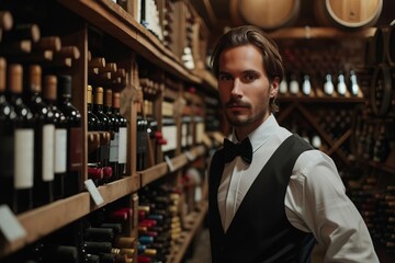 Male model as a master sommelier in a fine wine cellar