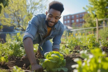 Male model leading an urban renewal project in a community garden
