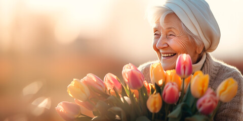 Cute grandmother in a beret with a bouquet of tulips on the street, space for text - obrazy, fototapety, plakaty