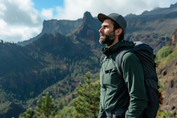 Fototapeta na wymiar Rugged male model in outdoor apparel Hiking in a breathtaking mountain landscape