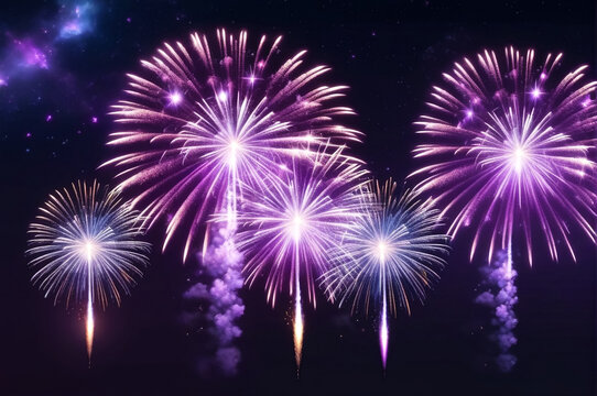 Lilac purple holiday fireworks background with sparks, colored stars and bright nebula on black night sky. Amazing beauty colorful fireworks display on celebration, showing. Holidays backgrounds