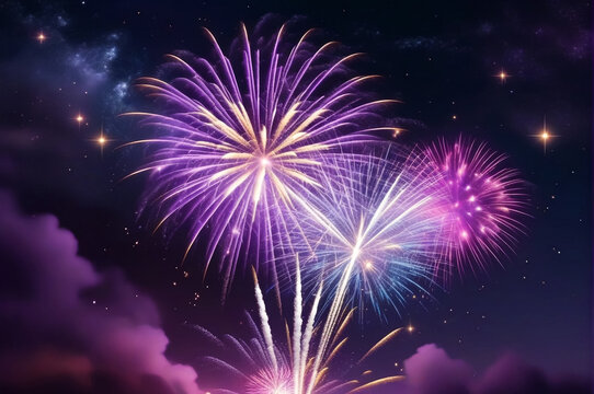 Lilac purple holiday fireworks background with sparks, colored stars and bright nebula on black night sky. Amazing beauty colorful fireworks display on celebration, showing. Holidays backgrounds