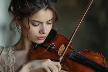 A female model as a classical musician playing the violin elegantly