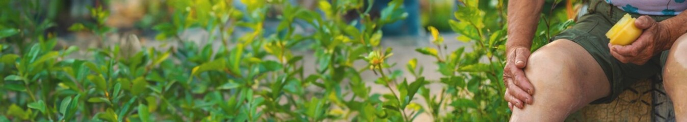 Grandmother treats her knee with home remedies. Selective focus.