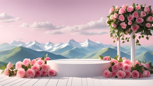 landscape with flowers and mountains, Minimalist 3D podium, Product showcase mock up environment, pink roses, beautiful background