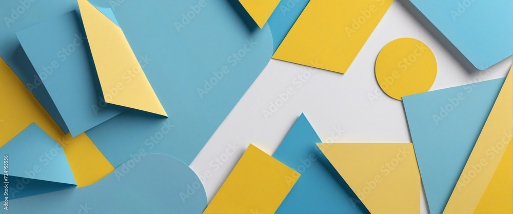 Wall mural Creative abstract blue and yellow color geometric paper composition banner background, top view