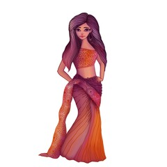 Indian woman in traditional dress. Hindu girl in national sari costume in standing poze. Hand drawn illustration.