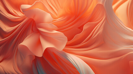 Macro petals of orange flowers. Sleek wave-flying background of silk fabrics in motion. - 724955729
