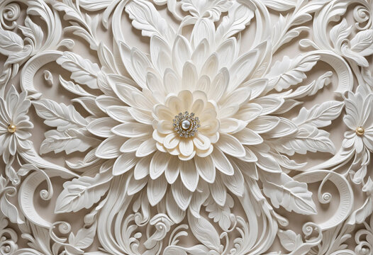 Fototapeta 3d ceiling interior wallpaper with luxury beautiful white flowers, swan, pattern background for wall print