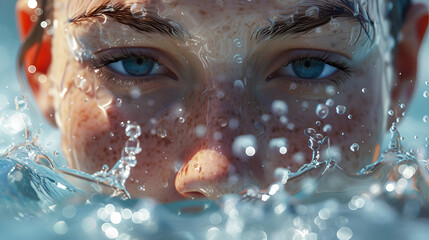 Capturing tranquility in swimming. Serene breath moments, water droplets, and calmness amidst the physical exertion.