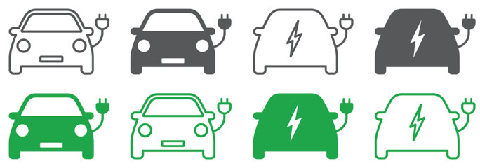 Set of electric car icons. Eco friendly auto with electrical charging cable icon. Hybrid car, charging station sign. Vector.