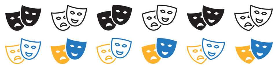 Set of theatrical masks icons. Comedy and tragedy masks, happy and unhappy masks. Masquerade vector icons.
