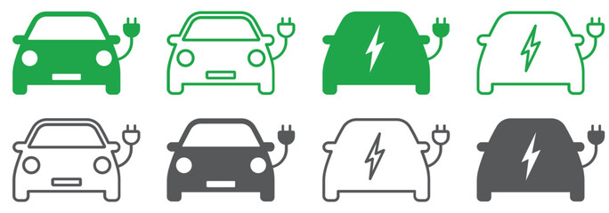 Set of electric car icons. Eco friendly auto with electrical charging cable icon. Hybrid car, charging station sign. Vector.