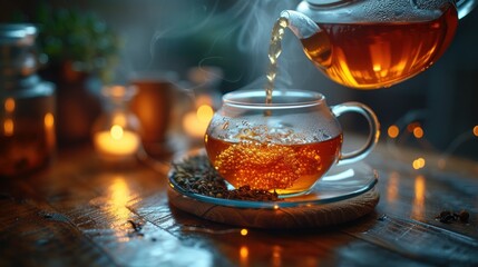  a cup of tea being poured into a teapot with a teaspoon on a saucer on a wooden table with lit candles and a pot of tea in the background.