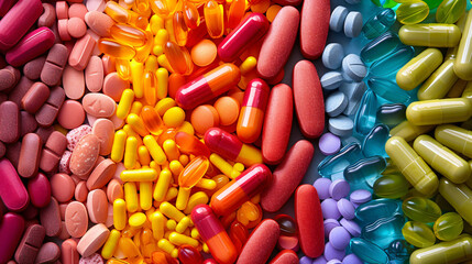 A colorful flat lay of vitamin supplements arranged in a spectrum of colors. - obrazy, fototapety, plakaty