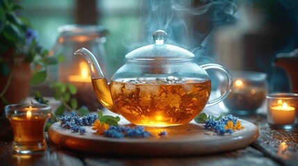  a tea pot filled with tea sitting on top of a wooden table next to a cup of tea and a tea pot filled with flowers on top of a plate.