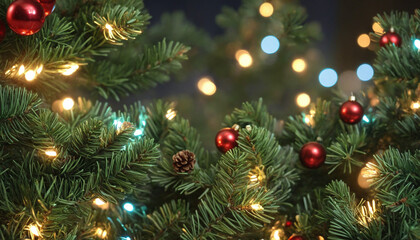 Christmas tree branches wih bokeh lights.