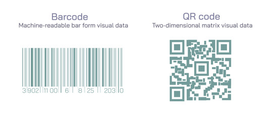 Difference between bar code and qr code vector illustration. Machine readable with a scanner and have a data capacity of more and more products. 