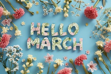 Hello March floral banner Generative AI - obrazy, fototapety, plakaty
