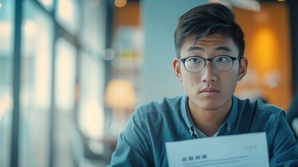 Close-up of a Young Chinese Man Holding His Resume, Waiting for the Interviewer in the Interview Room - Best Job Candidate